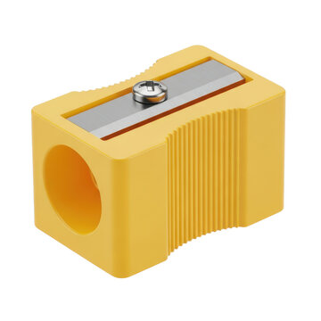Yellow pencil sharpener with shavings isolated on white background