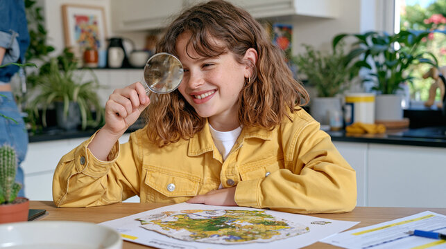 Supply chain manager's young child sits at a modest kitchen table peering through a magnifying glass at a miniature cardboard logistics map laid out like a board game, the close child perspective ca