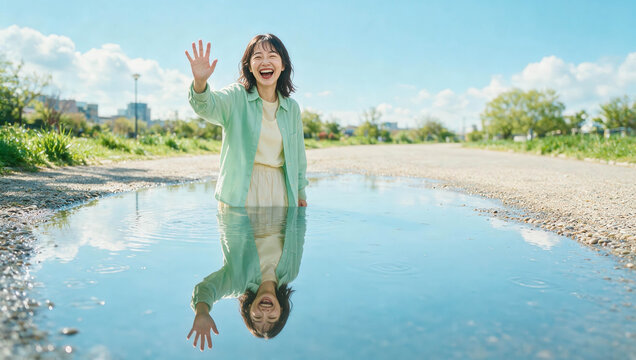 Joyful woman waves while standing in an enormous reflective puddle, creating a whimsical outdoor scene with blue skies and bright sunlight.
