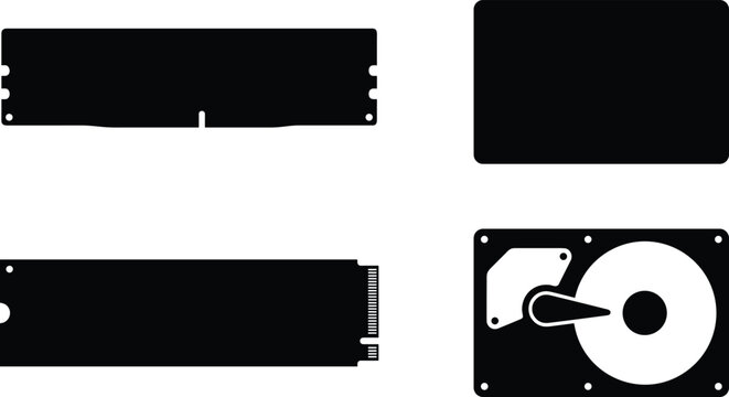 Silhouette collection of computer memory and storage hardware including RAM, HDD, and solid state drives