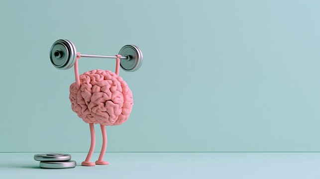 A cartoonish pink brain with limbs lifts a barbell, demonstrating mental strength