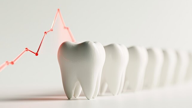 A row of white teeth with a rising red line graph