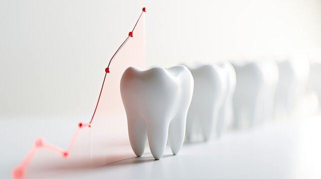 Row of white teeth with a red line graph showing upward trend