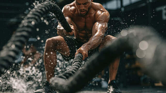 Hyrox athlete explosive battle-rope exercise inside.