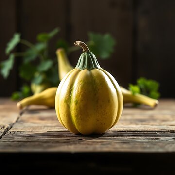 Gourd squash on rustic wooden table with blurred green leaves and vine winter squash food photography still life harvest festival fall harvest seasonal produce organic food