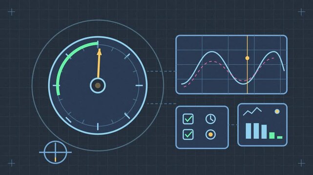 Abstract animated sensor calibrated against a reference drawn as blue and cyan lines and shapes on a deep dark background. Seamless looping 4K motion graphics video with free space for text, ideal for