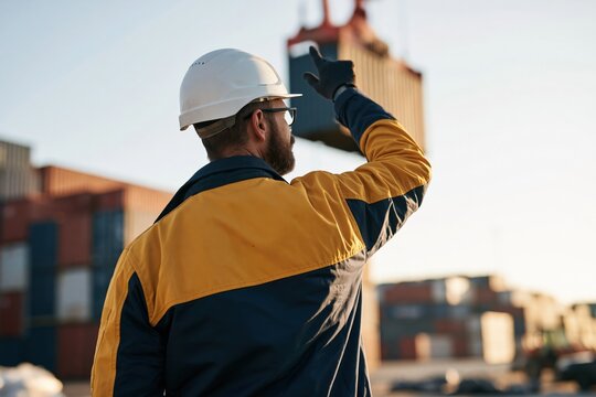 Port rigger in safety helmet directing container lift with raised hand for crane operation and cargo handling background for maritime logistics training