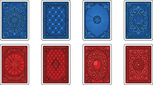 Vintage Blue and Red Playing Card Backs Vector Set Featuring Heraldic Shield Sunburst Compass and Baroque Patterns