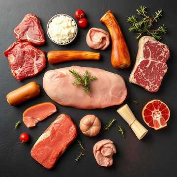 Assorted raw meat cuts including steak roast sausage vegetables and herbs with dark background butcher shop haute cuisine food photography still life uncooked ingredient butchery