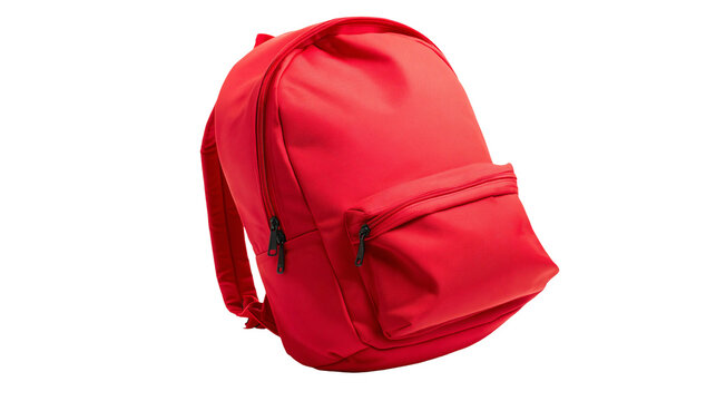 Red backpack with front pocket and zippers