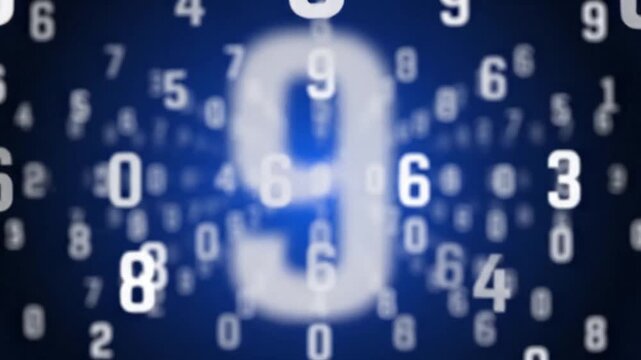 White glowing numbers dissolving into a deep blue abstract background