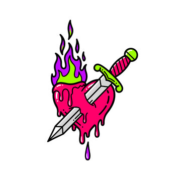 Vibrant melting heart pierced by a dagger with colorful flames