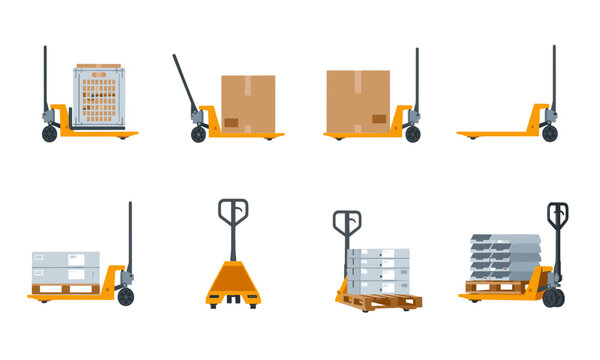 Yellow hand pallet jack vector set with warehouse cargo boxes