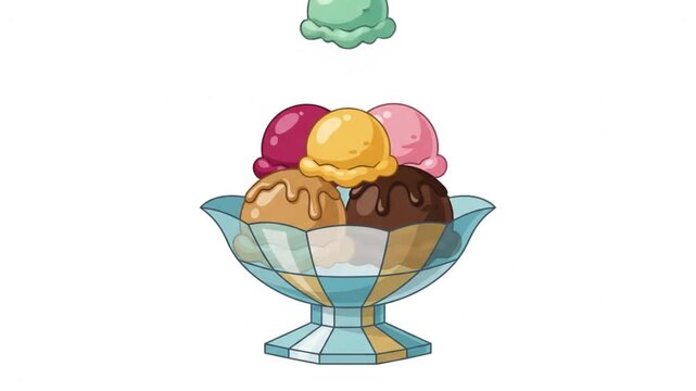 Stylized glass bowl filled with scoops of sweet dessert ice cream against white background