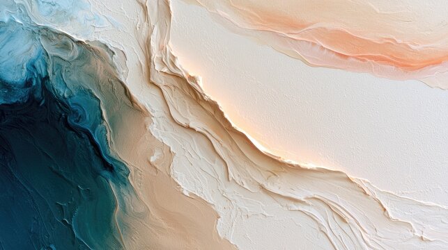 Abstract textural layers of cool blue, teal, and warm beige, mimicking natural formations