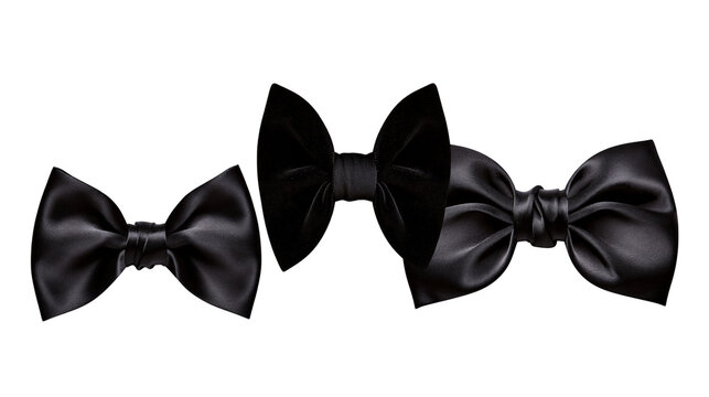 Three black bow ties, satin and velvet textures