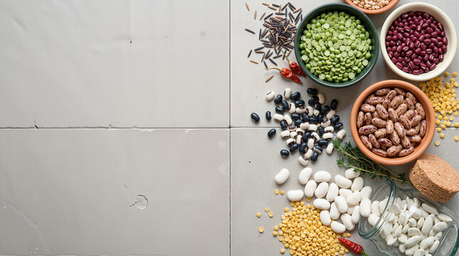 Assortment of Raw Legumes, Dried Beans, Lentils, Peas, and Wild Rice in Bowls with Copy Space on Grey Stone Surface