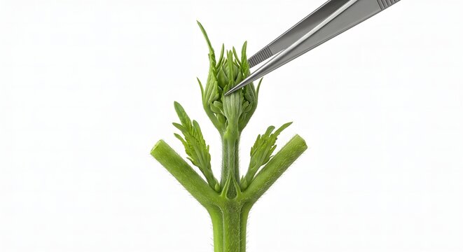 Pinching Off Plant Apical Bud with Tweezers for Pruning and Growth Control Isolated on White Background