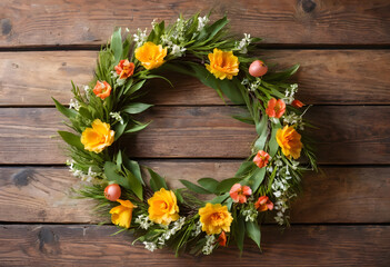 Fototapeta premium Spring floral wreath with yellow and orange flowers, easter and seasonal decoration on rustic wooden background