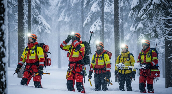 A group of professional mountain climbers wearing winter clothing and full safety gear on a snowy trail.