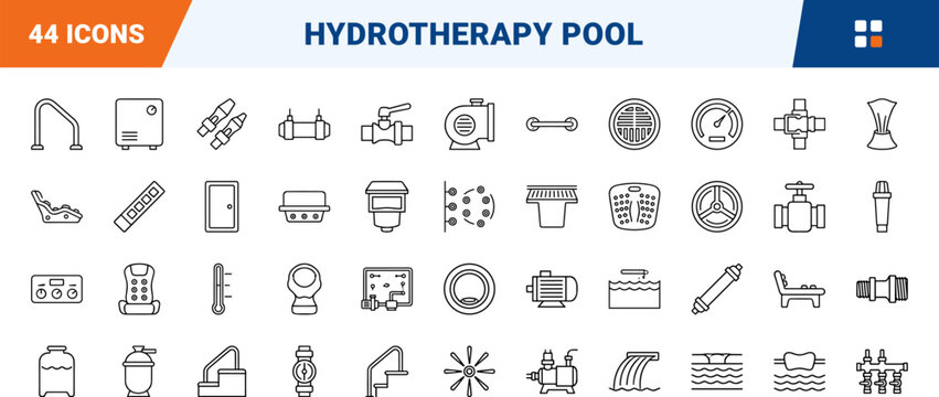 Hydrotherapy pool line icon set. Vector pictograms of water, jets, spa, and jacuzzi elements, thin linear illustration.