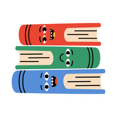 Groovy cartoon book stack with funny faces. Cute hand drawn design element, trendy vector illustration