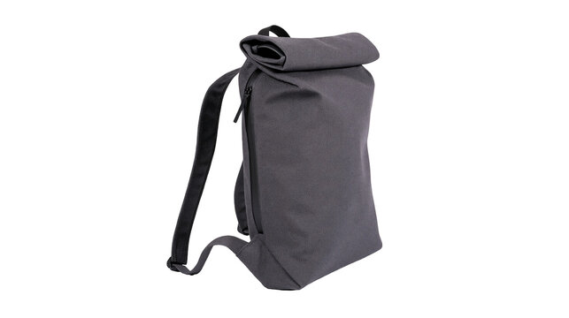 Gray canvas roll-top backpack with black zipper and straps
