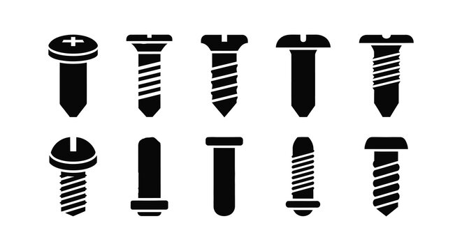 Collection of various screw and bolt silhouettes in a black graphic style silhouette
