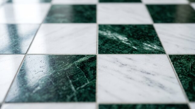 Close up of green and white marble checkered floor tiles