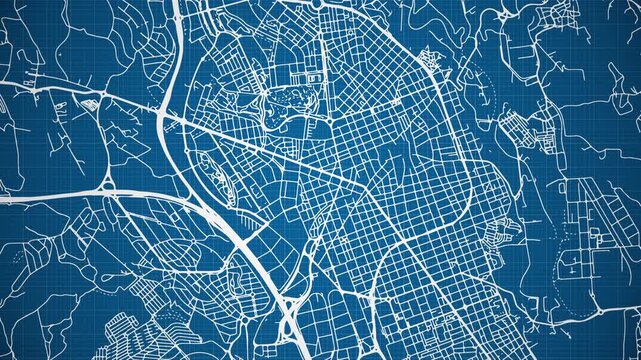 Ink reveal animation of Sabadell city, Spain (Espa&ntilde;a) grid map. Aerial top view. Blueprint style. White lines with blue background. 4K Seamless loop.