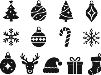 Naklejka premium Black Christmas icon set featuring trees, ornaments, snowflakes, candy cane, reindeer and Santa hat on white background eps
