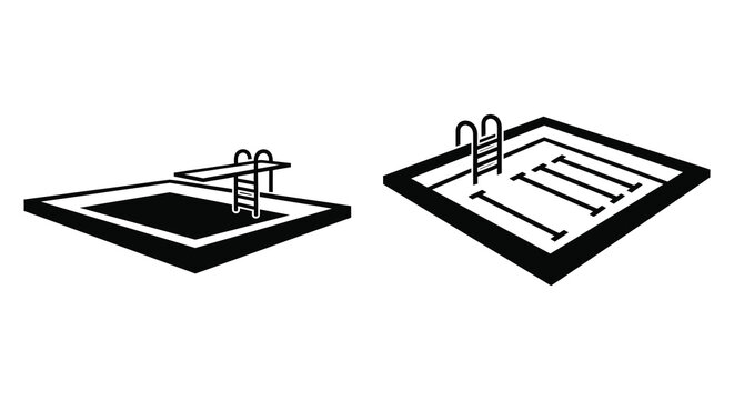 Two swimming pool silhouettes with diving board and lane markers on white background