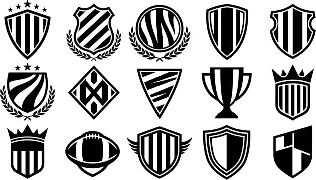 Black and white sports shield logo vector collection with championship trophies stars crowns and striped football emblem symbols