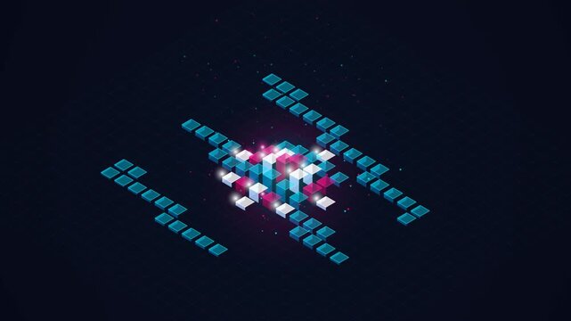 Abstract Digital Network Visualization with Glowing Blue and Pink Isometric Data Cubes Animation