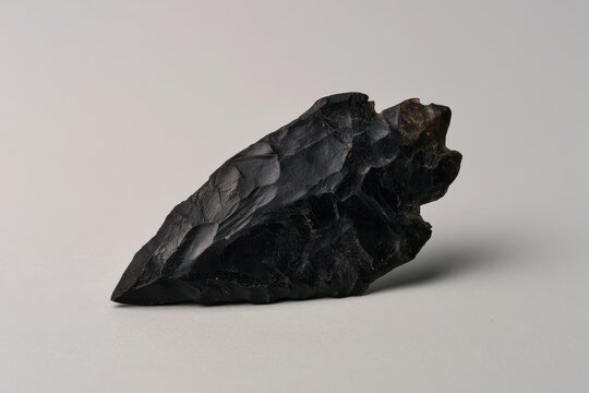 Dark obsidian arrowhead artifact isolated on plain backdrop, historical tool detail