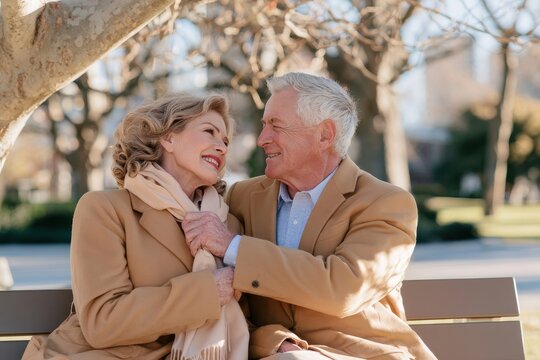 Happy elderly couple sharing tender moment sitting close on park bench