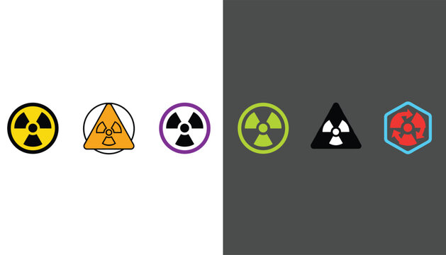 Set of six different radioactive and toxic warning sign icons in various shapes and colors vector illustration.