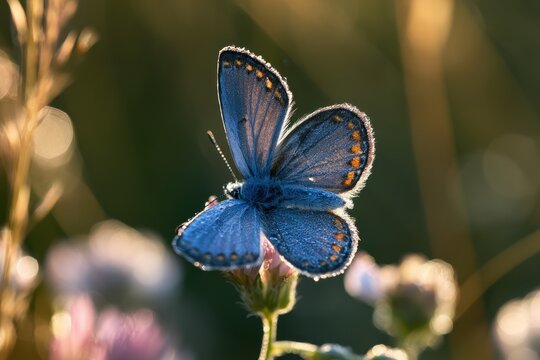 Delicate Karner blue butterfly wing detail with dew on a sunlit meadow flower