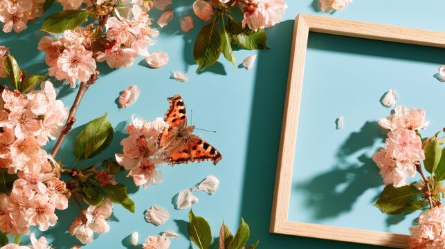Delicate spring nature flat lay featuring blossoms, petals, and a butterfly on a turquoise backdrop with a decorative frame