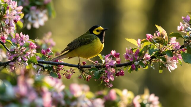 Delicate warbler portrait with blossoms and soft forest background
