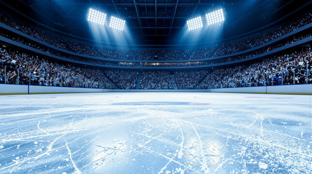 Empty Ice Hockey Arena with Scratched Rink Surface Under Bright Floodlights and Cheering Crowded Grandstands