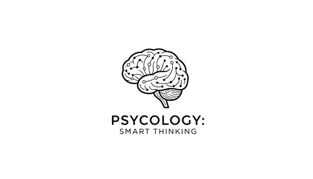 Psychology and smart thinking concept badge featuring a hand-drawn brain with digital circuit nodes on a white background.