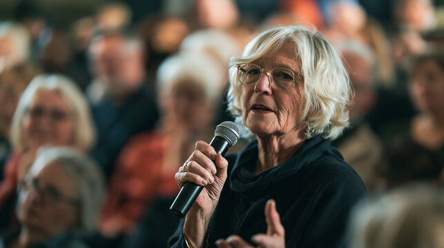 Senior woman speaking into a microphone during a public q and a session event with microphone
