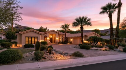 Fototapeta premium Desert sunset over a suburban residence in Phoenix