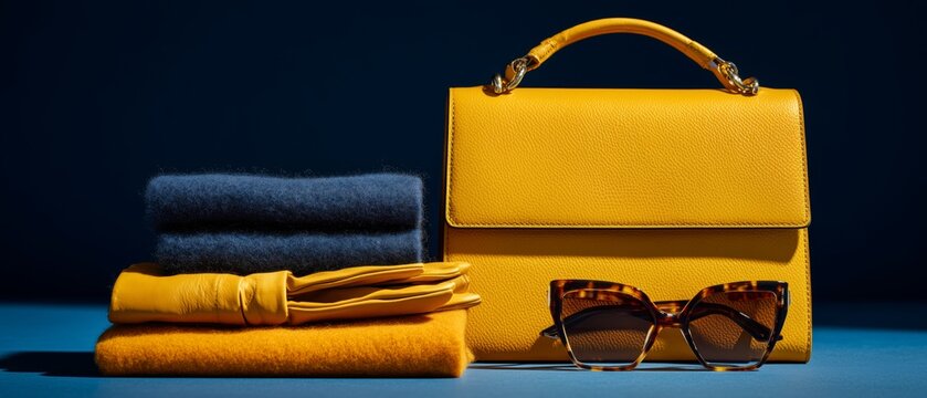 luxury fashion accessories with yellow leather handbag sunglasses and folded sweater banner