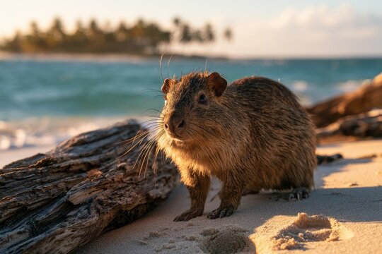 Desmarest's hutia roams the shore under warm light with footprints in sand