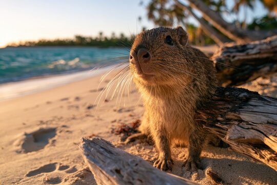 Desmarest's hutia on a sunlit Caribbean beach during golden hour