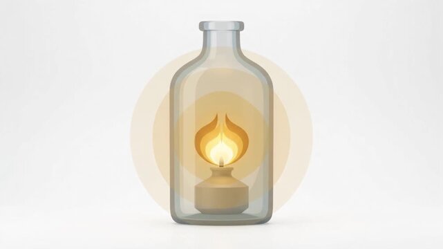 Small burning oil lamp enclosed inside clear glass bottle against clean white background
