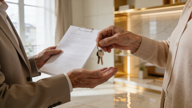 Senior couple exchanging house keys during property handover with signed agreement indoors representing real estate transaction home purchase rental contract ownership transfer residential investment 