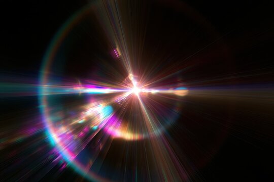 Digital flare illustration of colorful lens glow and radiant rays